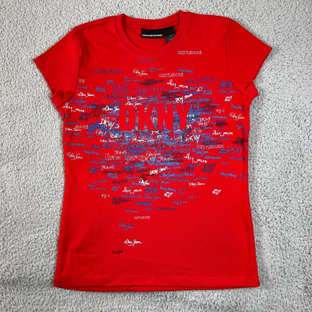 DKNY‎ Jeans Graphic T-Shirt Women's Medium Red Logo Print Crew Neck VTG NWT